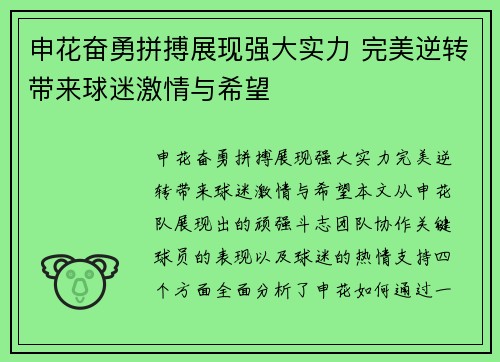 申花奋勇拼搏展现强大实力 完美逆转带来球迷激情与希望